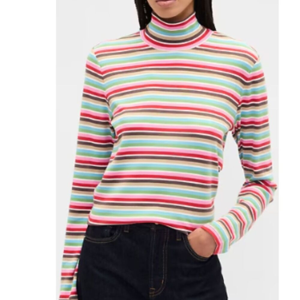 Gap Women's Turtleneck Soft Knit Shirt Long Sleeve Cotton Pink Striped Top